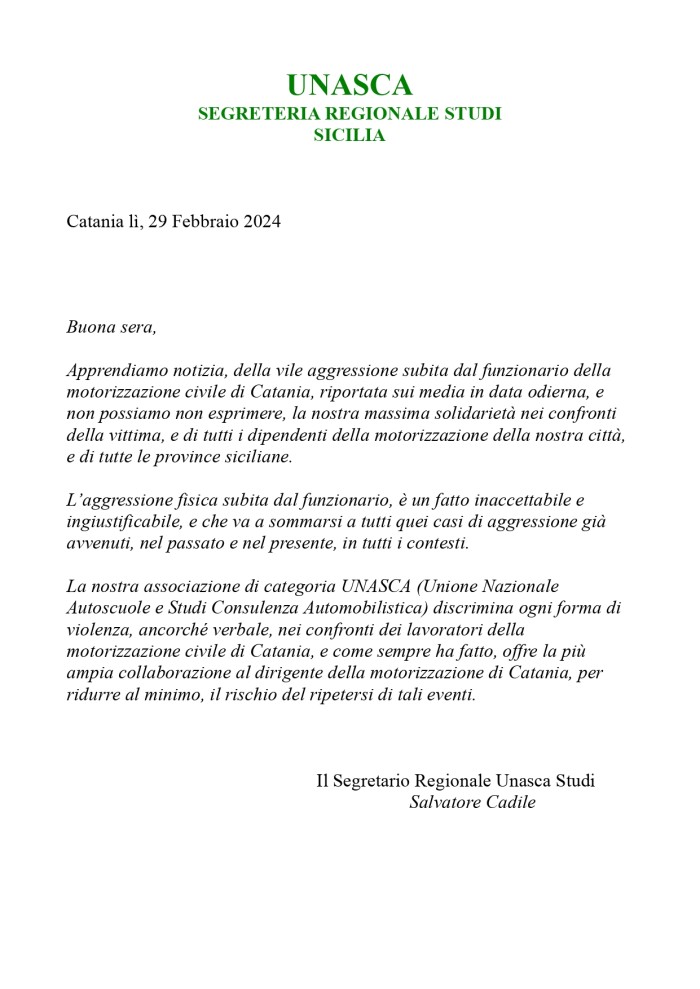 lettera di solidarietà del Segretario Regionale SICILIA settore studi Salvatore Cadile